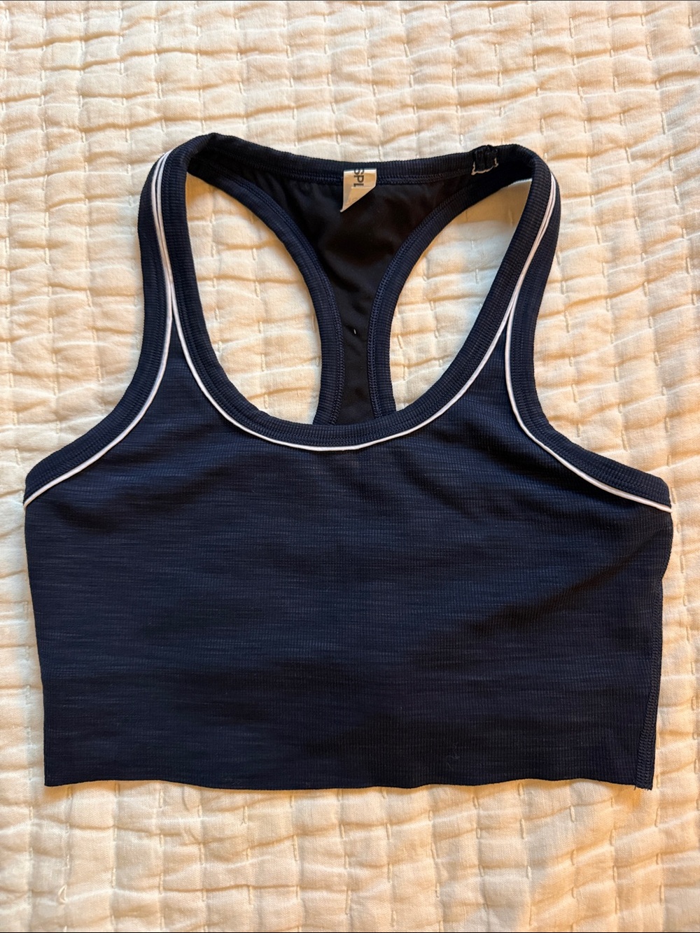Splits59 Navy Racerback Sports Bra with White Piping